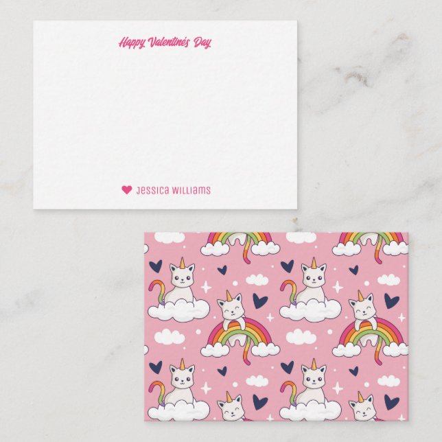 Cute Unicorn Cat Rainbow Cloud Valentindagen Anteckningskort (Fram/baksida)