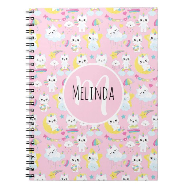 Cute Unicorn Cats Ljusare rosa Mönster Anteckningsbok (Framsidan)