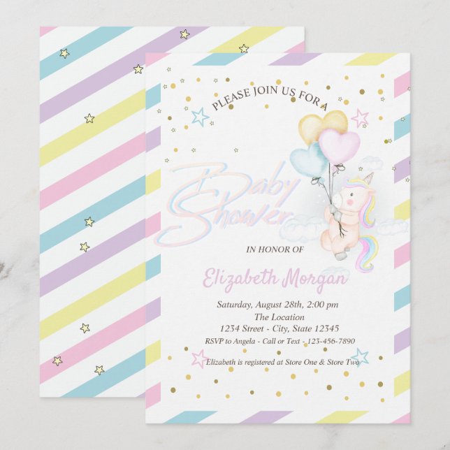 Cute Unicorn, Cloud, Balloons Stars Baby Shower Inbjudningar (Fram/baksida)