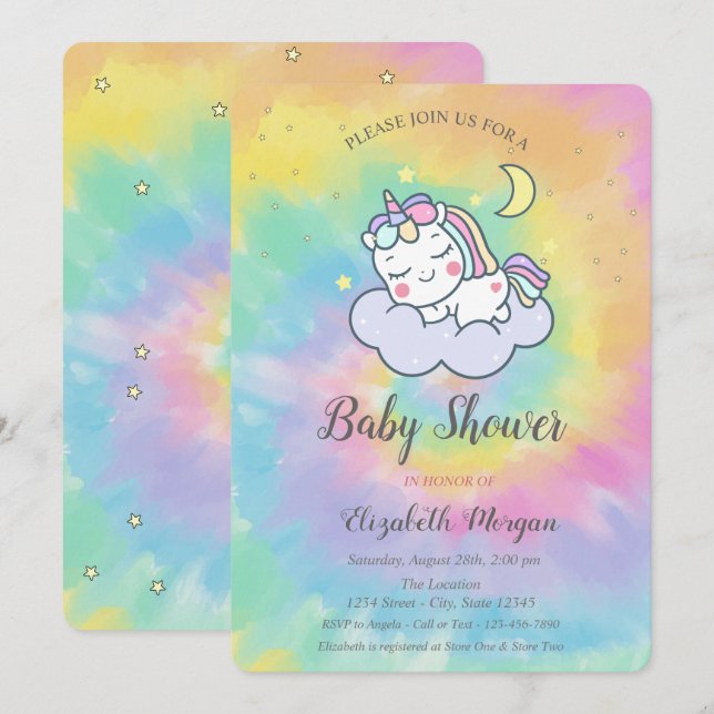 Cute Unicorn, Cloud, Stars Tie Dye Baby Shower Inbjudningar (Fram/baksida)