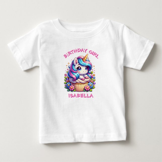 Cute Unicorn & Cupcoa Personlig Birthday Girl T Shirt (Framsida)