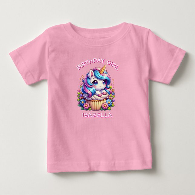 Cute Unicorn & Cupcoa Personlig Birthday Girl T Shirt (Framsida)