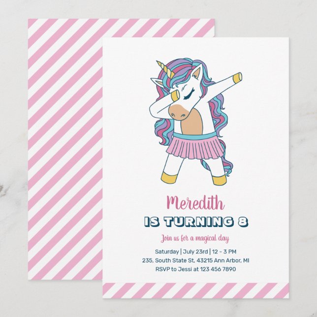 Cute Unicorn Dabbing Kids Girls Birthday Inbjudningar (Fram/baksida)