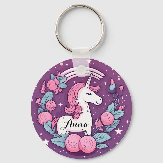 Cute Unicorn Design i Rosa Personlig Nyckelring (Framsida)