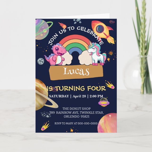 Cute Unicorn Dinosaur-födelsedagsfest för regnbåge Inbjudan (Framsida)