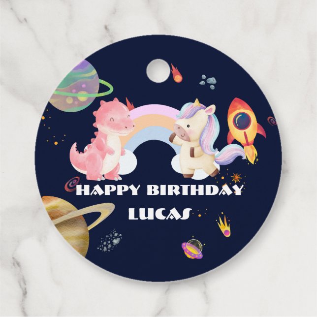 Cute Unicorn Dinosaur Galaxy Rocket födelsedagsfes Gåvor Etiketter (Baksida)