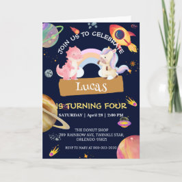 Cute Unicorn Dinosaur Galaxy Rocket födelsedagsfes Inbjudan