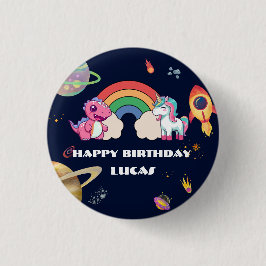 Cute Unicorn Dinosaur Galaxy Rocket födelsedagsfes Knapp