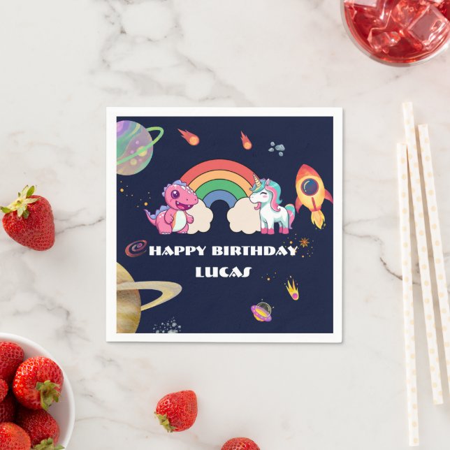 Cute Unicorn Dinosaur Galaxy Rocket födelsedagsfes Pappersservett (Insitu)