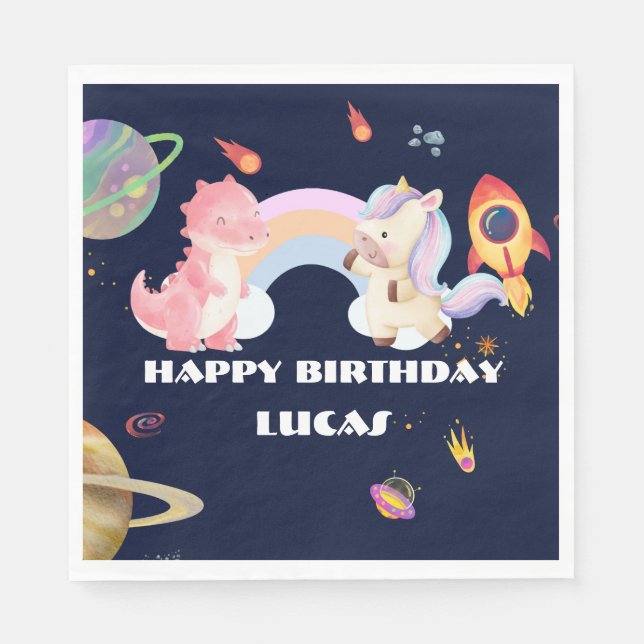 Cute Unicorn Dinosaur Galaxy Rocket födelsedagsfes Pappersservett (Framsidan)