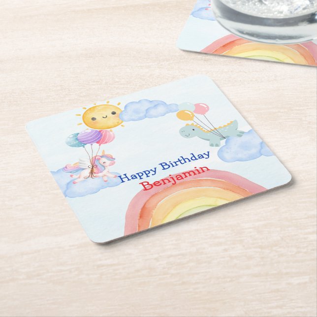 Cute unicorn Dinosaur rainbow Balloon Birthday Underlägg Papper Kvadrat (Vinklad)