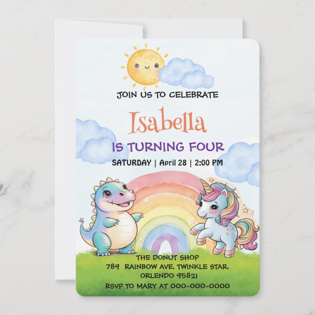 Cute unicorn Dinosaur rainbow Himmel Birthday-barn Inbjudningar (Framsida)