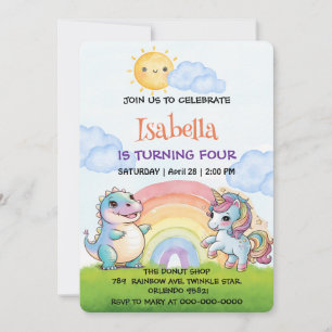 Cute unicorn Dinosaur rainbow Himmel Birthday-barn Inbjudningar