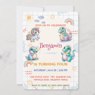 Cute unicorn Dinosaur rainbow kompisar Birthday pa Inbjudningar