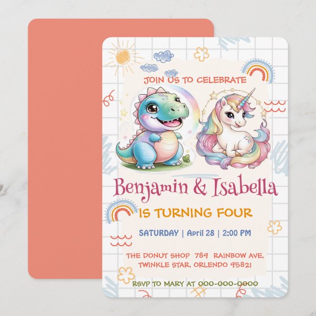 Cute unicorn Dinosaur rainbow kompisar Birthday pa Inbjudningar (Fram/baksida)