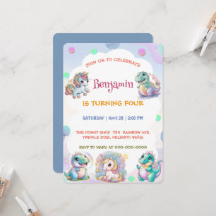 Cute unicorn Dinosaur rainbow kompisar Birthday pa Inbjudningar