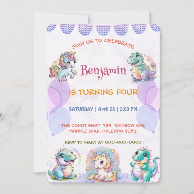 Cute unicorn Dinosaur-regnbågvän Birthday-barn Inbjudningar (Framsida)