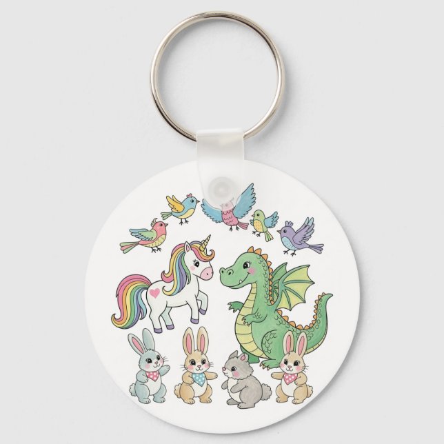 Cute Unicorn & Dragon Fantasy Keychain Nyckelring (Framsida)
