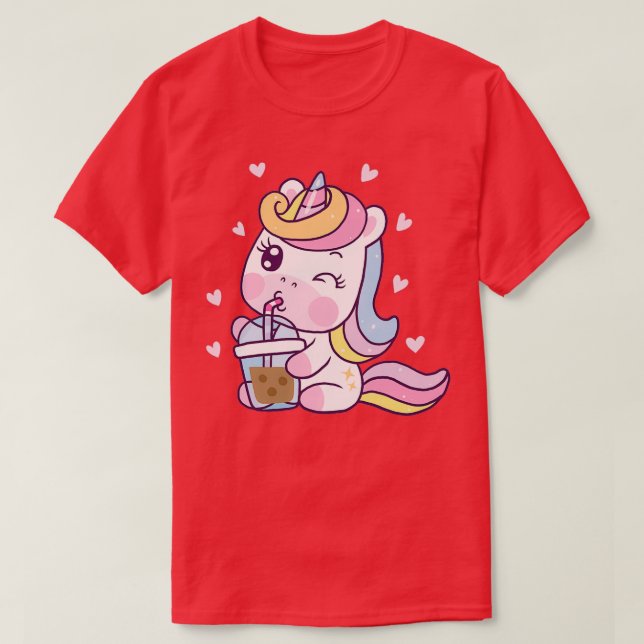 Cute Unicorn Drinking Bubble Tea T Shirt (Design framsida)