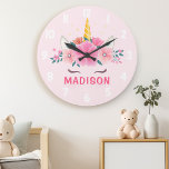 Cute Unicorn Eyelaska Girls Bedroom Wall Clock Stor Klocka<br><div class="desc">Cute Unicorn Eyelaska Girls Bedroom Wall Clock. Den här utformningen har en vacker enhörn omgiven av guld-stjärnor och blommigt blommor. Pastel rosa magisk fantasi-väggklocka för flickor. Anpassa detta anpassad design med ditt eget namn eller din egen text.</div>