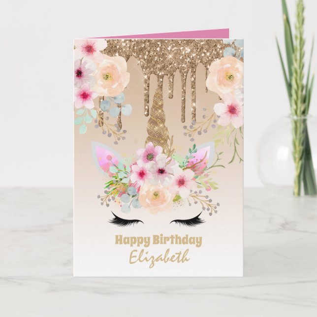 Cute Unicorn Fantasy Söt Girly Drip Guld Namngiven Kort (Framsida)
