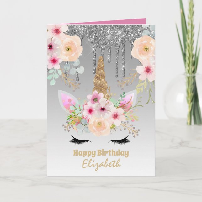 Cute Unicorn Fantasy Söt Girly Silver Rosa Namn Kort (Framsida)