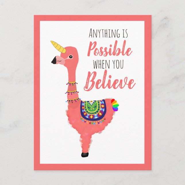 Cute Unicorn Flamingo Llama Inspirational Quote Vykort (Framsida)