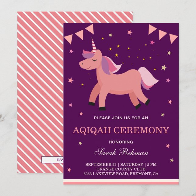 Cute Unicorn Flicka Aqiqah Inbjudningar (Fram/baksida)