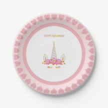 Cute Unicorn, Flowers and Guld Confetti Birthday P