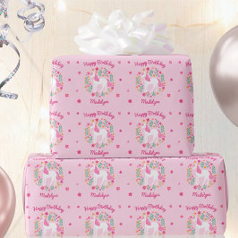 Cute Unicorn Flowers Birthday Rosa Namn Presentpapper