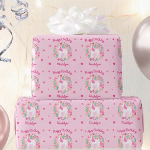 Cute Unicorn Flowers Birthday Rosa Namn Presentpapper