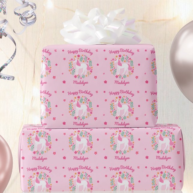 Cute Unicorn Flowers Birthday Rosa Namn Presentpapper (Skapare uppladdad)