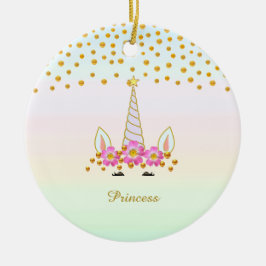 Cute Unicorn, Flowers & Guld Confetti Julgransprydnad Keramik