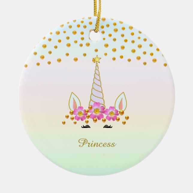 Cute Unicorn, Flowers & Guld Confetti Julgransprydnad Keramik (Framsidan)