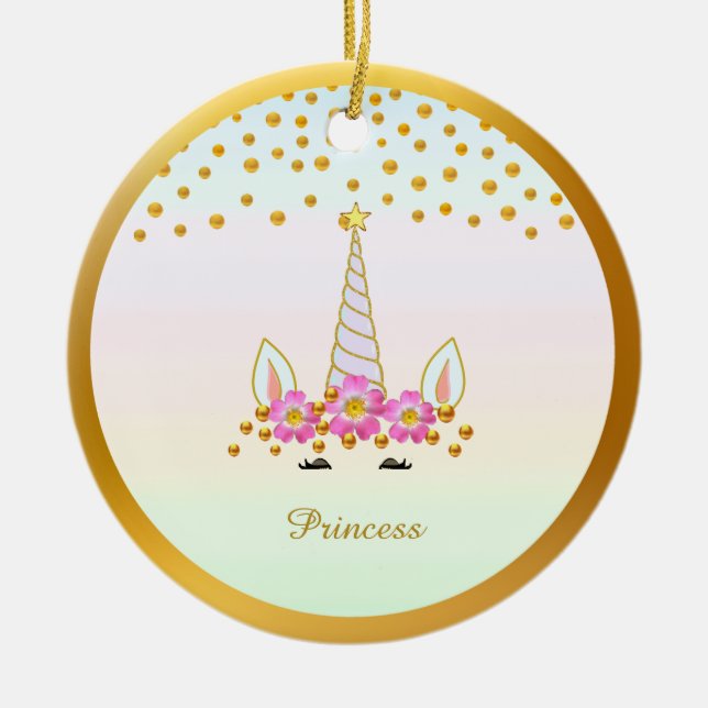 Cute Unicorn, Flowers & Guld Confetti Julgransprydnad Keramik (Framsidan)