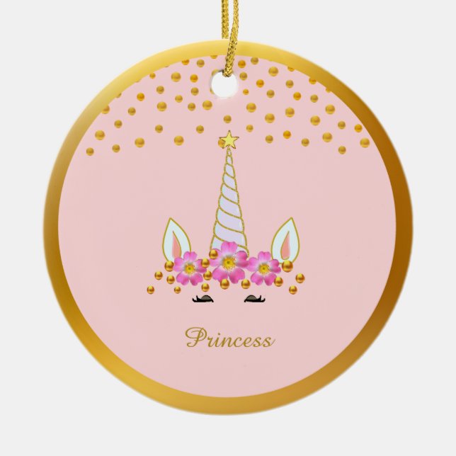 Cute Unicorn, Flowers & Guld Confetti Julgransprydnad Keramik (Framsidan)
