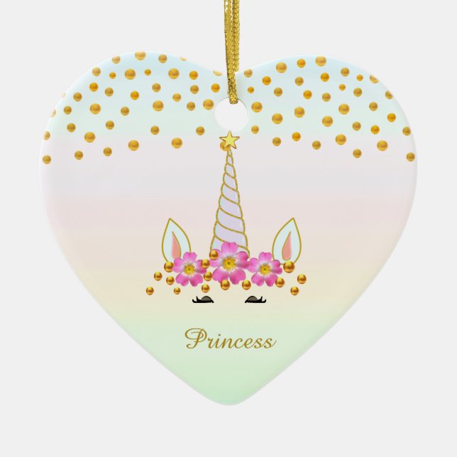Cute Unicorn, Flowers & Guld Confetti Julgransprydnad Keramik (Framsidan)