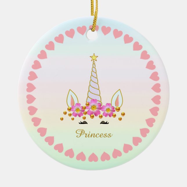 Cute Unicorn, Flowers, Hearts & Guld Confetti Julgransprydnad Keramik (Framsidan)