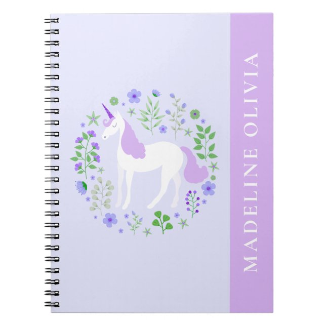 Cute Unicorn Flowers Lila Personlig Namn Anteckningsbok (Framsidan)