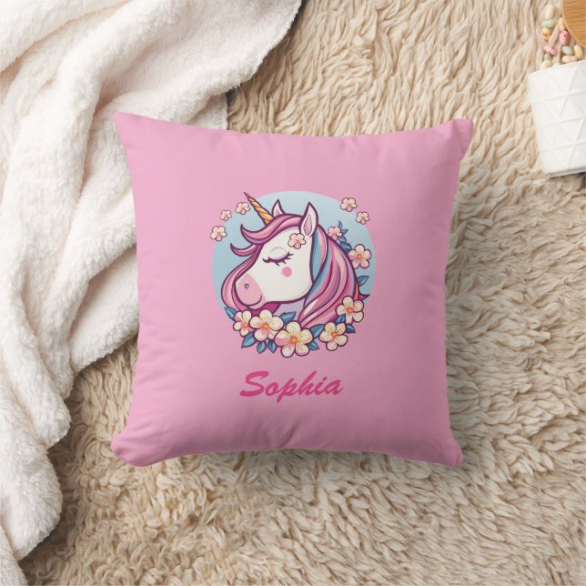 Cute Unicorn & Flowers, Personalize Namn Kudde (Filt)