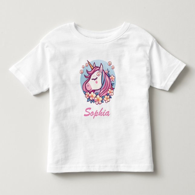 Cute Unicorn & Flowers, Personalize Namn T Shirt (Framsida)
