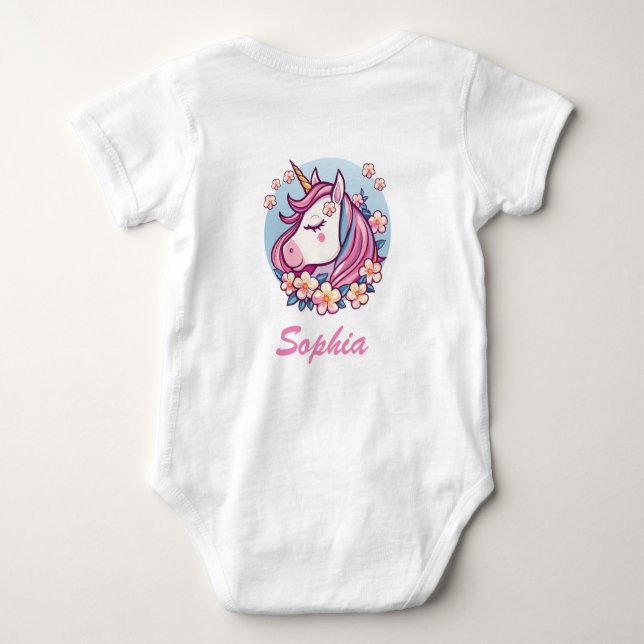 Cute Unicorn & Flowers, Personalize Namn T Shirt (Baksida)