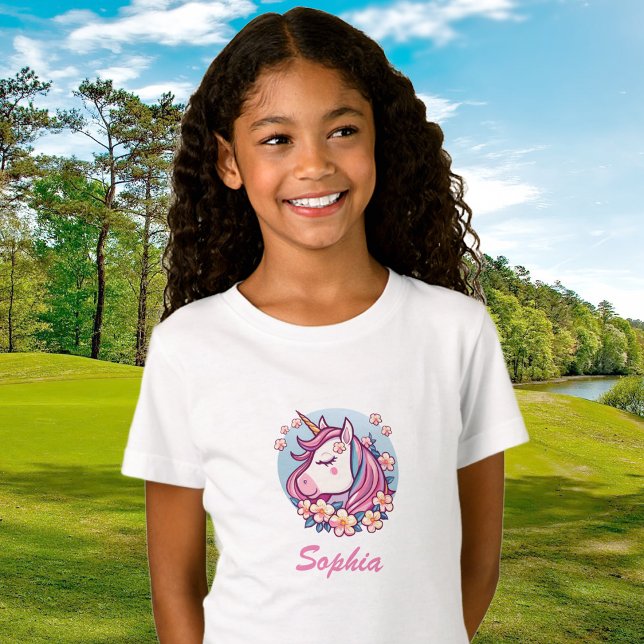 Cute Unicorn & Flowers, Personalize Namn T Shirt (Skapare uppladdad)