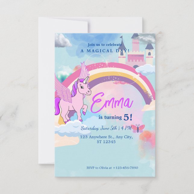 Cute Unicorn-födelsedagsinbjudan till barn Inbjudningar (Framsida)