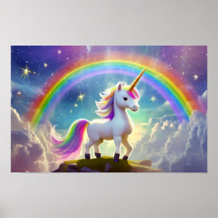Cute Unicorn framför regnbåge Poster