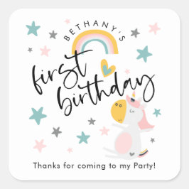 Cute Unicorn Girl 1st Birthday Tack Fyrkantigt Klistermärke