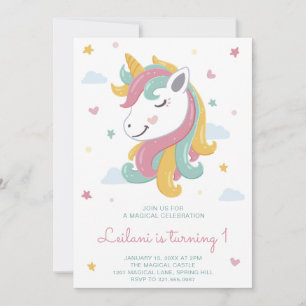 Cute Unicorn Girl First Birthday Inbjudningar