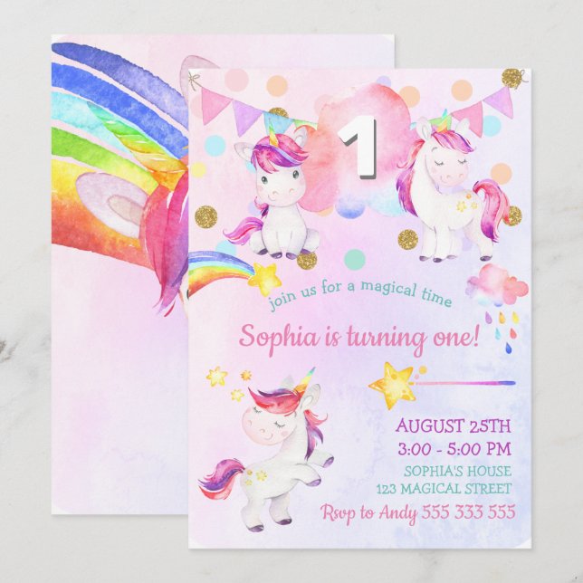 Cute Unicorn Girl First Birthday Magic Rainbow Inbjudningar (Fram/baksida)