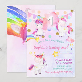 Cute Unicorn Girl First Birthday Magic Rainbow Inbjudningar