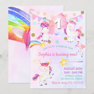 Cute Unicorn Girl First Birthday Magic Rainbow Inbjudningar